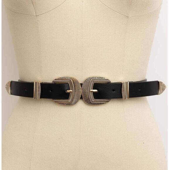 Double Buckle Vegan Leather Western Style Belt Black - Picture 1 of 2